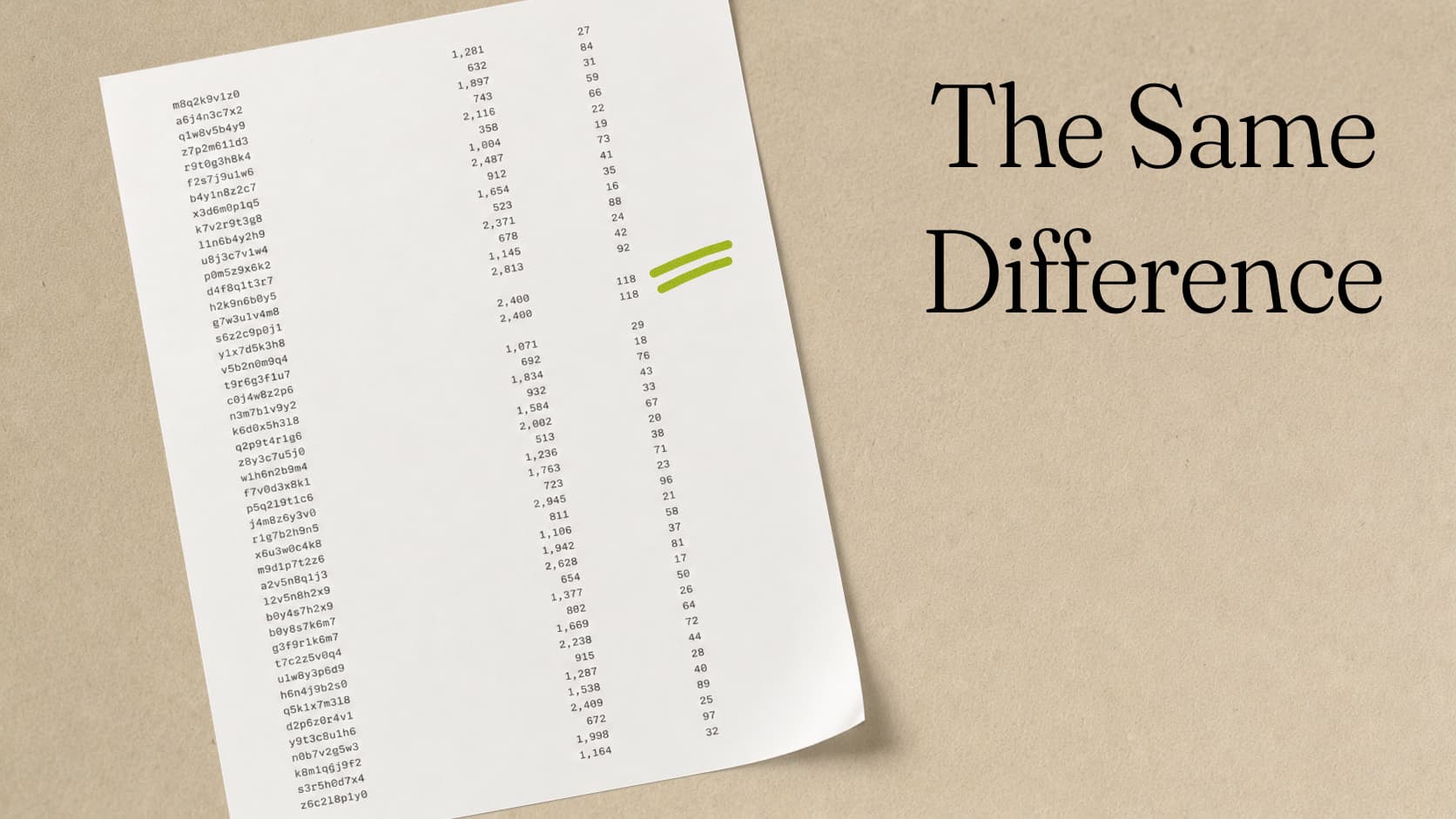 Columns of printed handles and impression counts, two adjacent rows both reading 118 flagged with a green double stroke. Set beside the words: The Same Difference.